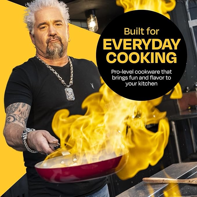 Guy Fieri's Flavortown 11-Piece Ceramic Cookware Set, Nonstick Pots and Pans for Cooking, Made without PFAS PTFE PFOA, Oven Safe, Dishwasher Safe, Easy to Clean Everyday Cookware, Red