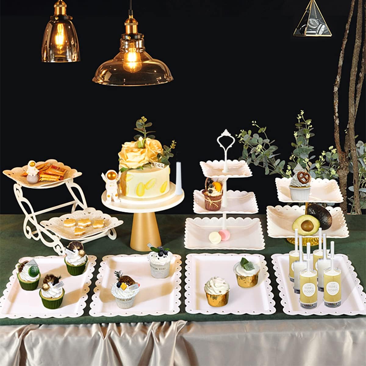 10 Pcs Cake Stand White Plastic Dessert Table Display Set 4 Pcs 3 Tired Cupcake Stand Cookie Tray Rack Serving Tray Cake Display Tower and 6 Pcs Dessert Trays for Wedding Baby Shower Tea Party