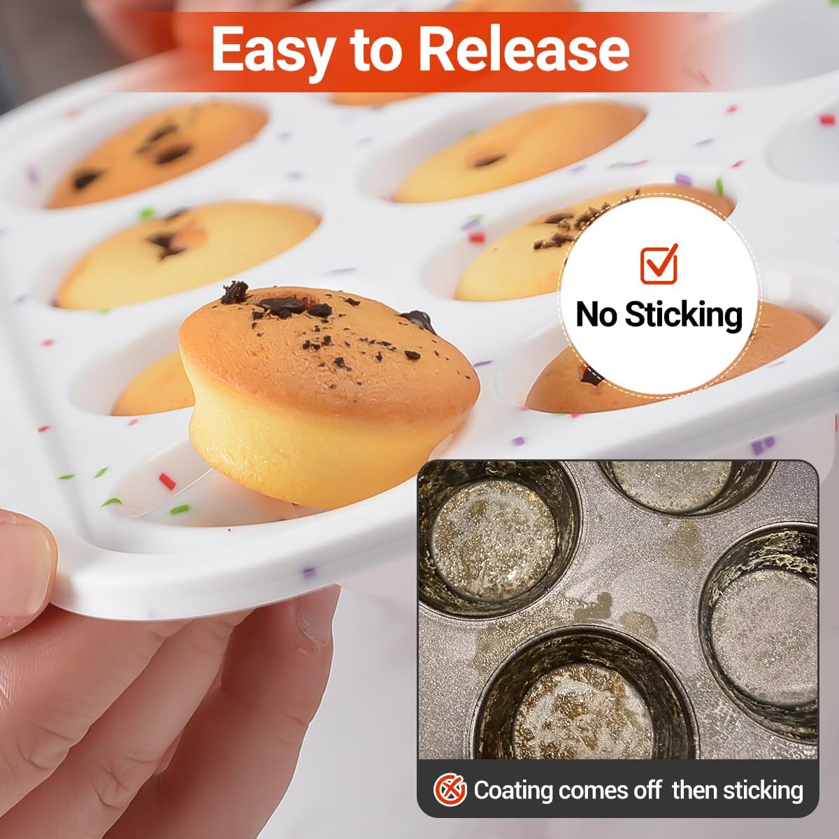 CAKETIME Mini Muffin Pan,Metal Reinforced Frame Silicone Cupcake Pan，Easy To Handle Nonstick 24 Cups Small Muffin Pan, White