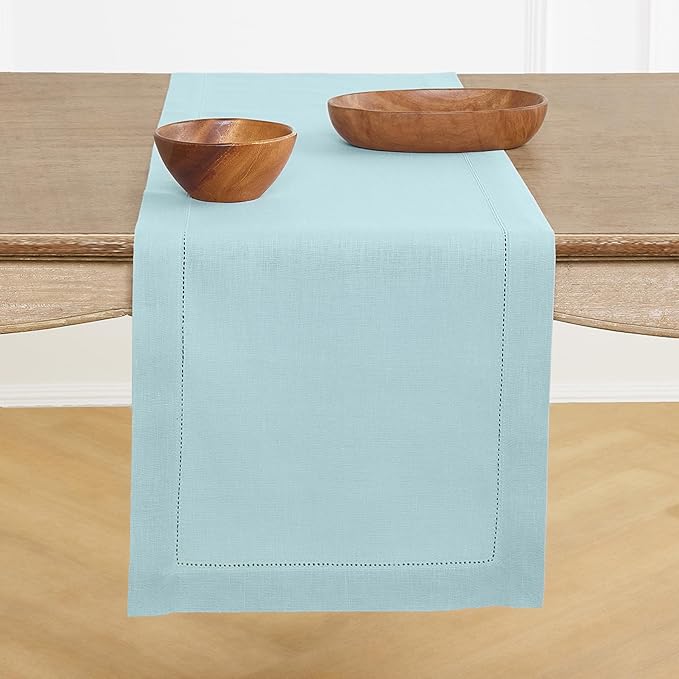 Solino Home Linen Aqua Blue Table Runner 90 Inches Long - 100% Pure Linen Hemstitch 14 x 90 Inch Table Runner for Dining, New Year - Classic Hemstitch