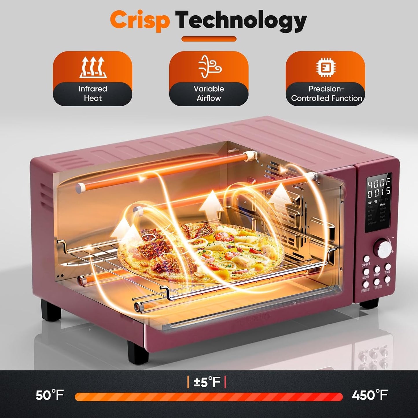 Nuwave Bravo Pro Smart Air Fryer Toaster Oven Combo, 12-in-1 Functions with Quicker & Even Crisp Technology, 1800W, 50-450°F, PFAS-Free, 21QT, Cinnamon