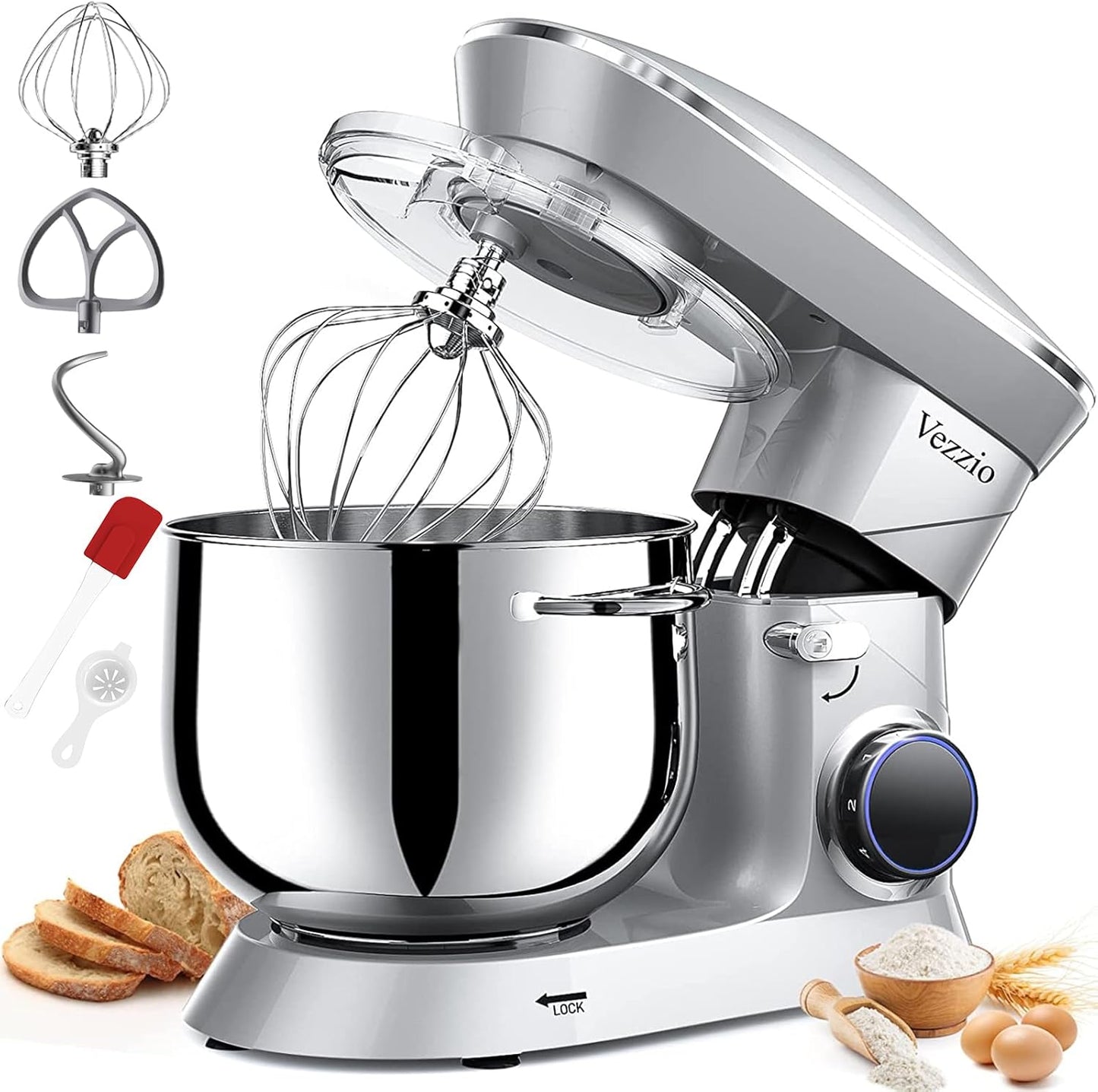 9.5 Qt Stand Mixer, 10-Speed Tilt-Head Food Mixer, Vezzio 660W Kitchen Electric Mixer with Stainless Steel Bowl, Dishwasher-Safe Attachments for Most Home Cooks(Silver)