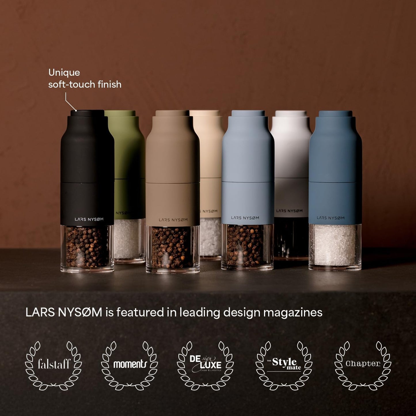 LARS NYSØM Salt and Pepper Grinder Set, Stainless Steel Manual Salt and Pepper Mills, Adjustable Ceramic Grinder, Design Spice Shakers (Pure White)