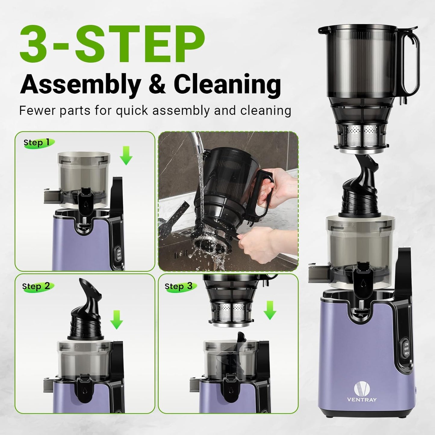 Ventray Cold Press Juicer, 5.1'' Extra Large Feed Chute Slow Masticating Juicer Machine for Whole Vegetables & Fruits, 250w, High Juice Yield, Easy to Clean with Brush, Great for Batch Juicing