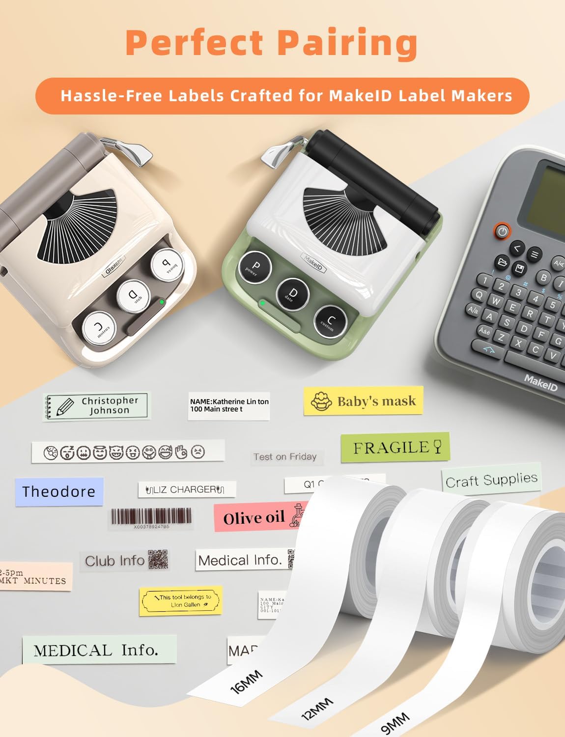 MakeID E1 Q1 Label Maker Tape Refills, 5-Roll 16mm x 4m (0.63" x 13') Continuous Consumables Thermal Laminated Office Labeling Tape Replacement