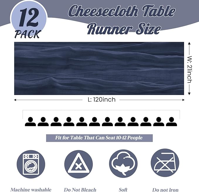 12 Pack Navy Blue Table Runner 10FT Cheesecloth Table Runner 21 x 120 inch Boho Gauze Cheese Cloth Table Runner Rustic Sheer Table Runner for Party Wedding Bridal Baby Shower Birthday Table Decor