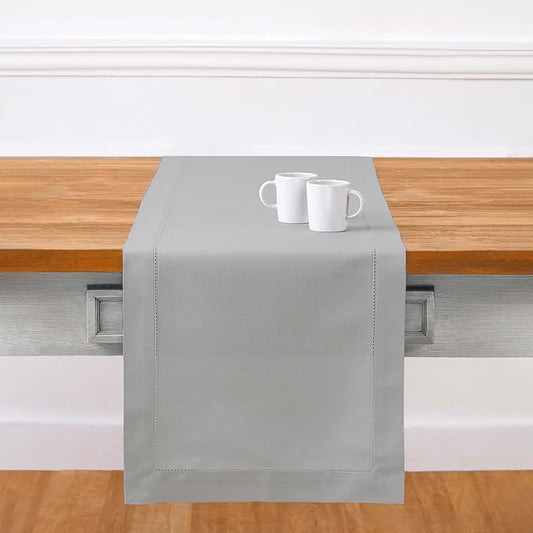 Solino Home Cotton Linen Light Grey Table Runner 132 Inches Long - Hemstitch 14 x 132 Inch Table Runner