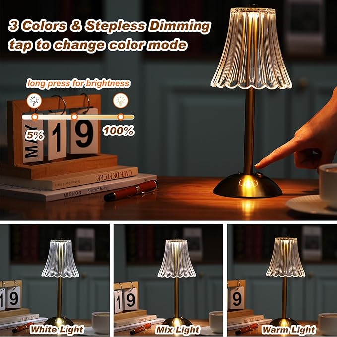 Liliful 20 Pcs Cordless Table Lamp Rechargeable Touch LED Small Gold Portable Battery Operated USB-c Desk Lamp 3 Color Dimmable for Bedroom Living Room Dining (Gold,Rose Style)
