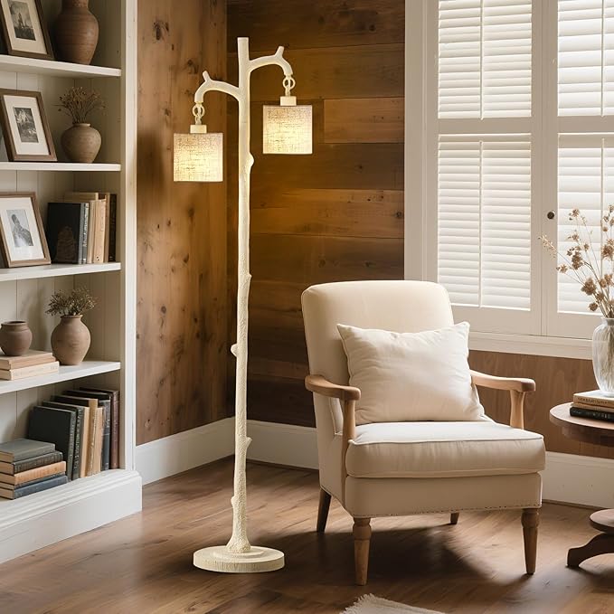 Rustic Floor Lamp for Living Room - Newly Upgraded Heavy-Duty Resin Base Farmhouse Floor Lamp with 2 Country Vintage Reading Light - Standing Tall Lamps for Bedroom Office Home Decor (Almond White)