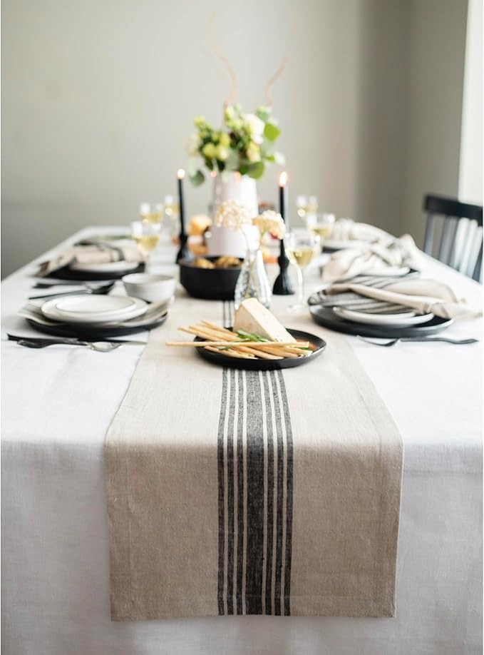 Solino Home Linen Table Runner 90 Inches Long - 100% Pure Linen Black and Natural Farmhouse Table Runner 14 x 90 Inch for Dining