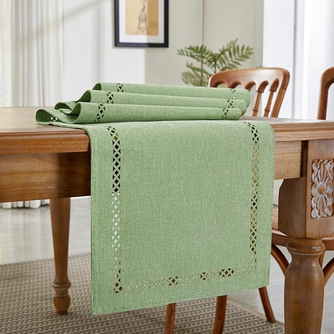 Burlap Style Farmhouse Table Runner, 13 x 108 Inch Avocado Green, Rustic Geometric Hollow Table Runners 108 Inches Long for Dresser Table Everyday Use, 13x108 Inches, Avocado Green