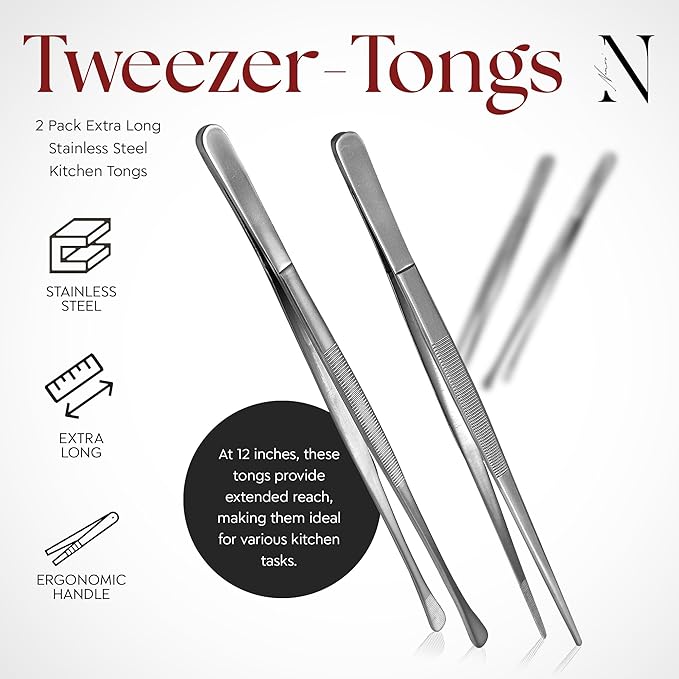 Namre' Tweezer Tongs for Cooking -Plating - 2 Pack Stainless Steel Cooking Tongs - Chopstick Precise & Strong Chef Tweezers for Food & Small Objects - 12 Inch - (Silver) Holiday and hostess gift.