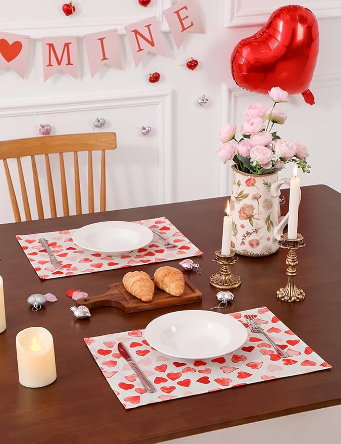 Pink Red Love Valentine's Day Table Runner 13"x72" & 4 Pcs 12"x18" Placemats Sets with 12 Heart Balloons, Love Letter Balloons, Stickers & Blowing Straw for Home Party Decor