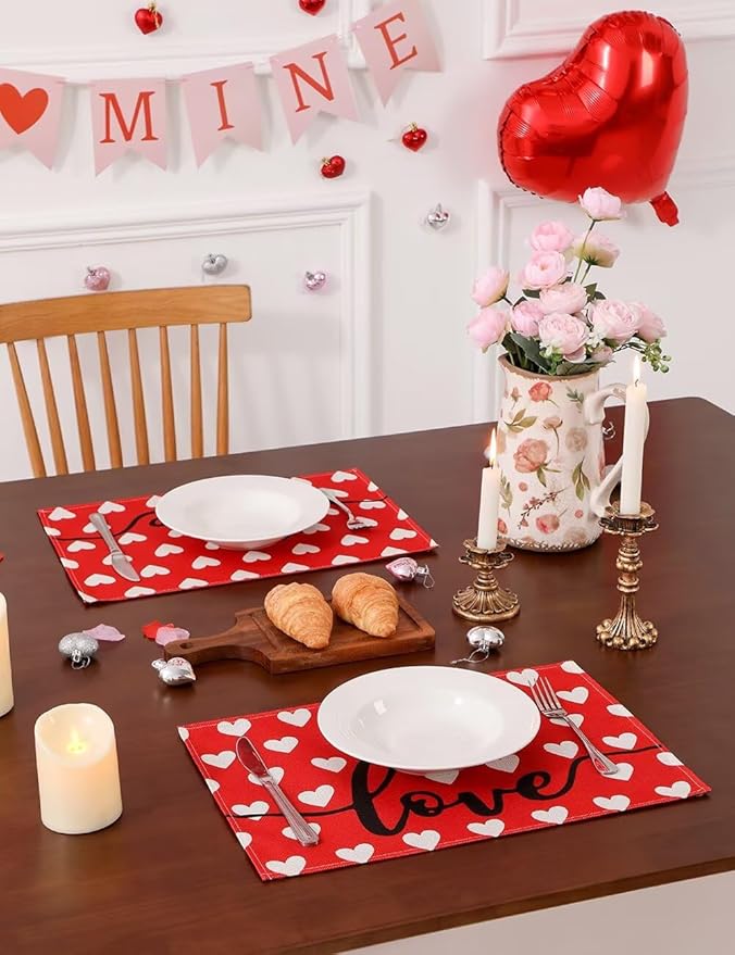 Red Love Heart Valentine's Day Table Runner 13"x72" & 4 Pcs 12"x18" Placemats Sets with 12 Heart Balloons, Love Letter Balloons, Stickers & Blowing Straw for Home Party Decor
