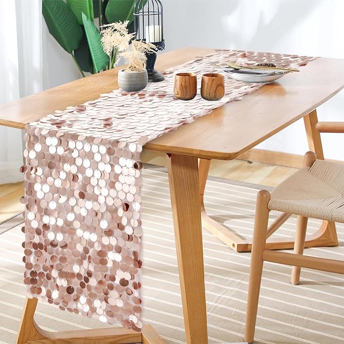 12 x 108 Inch Rose Gold Sequin Table Runner Glitter Rectangle Big Sequin Table Runner for Wedding Party Birthday Christmas Halloween Decoration (1 Pack)