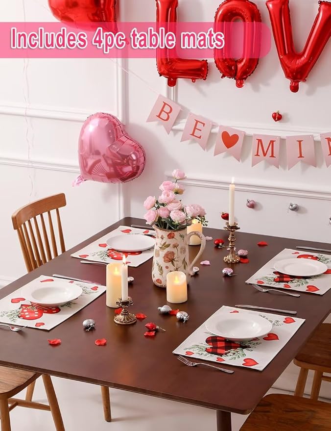 Eucalyptus Hearts Valentine's Day Table Runner 13"x72" & 4 Pcs 12"x18" Placemats Sets with 12 Heart Balloons, Love Letter Balloons, Stickers & Blowing Straw for Home Party Decor