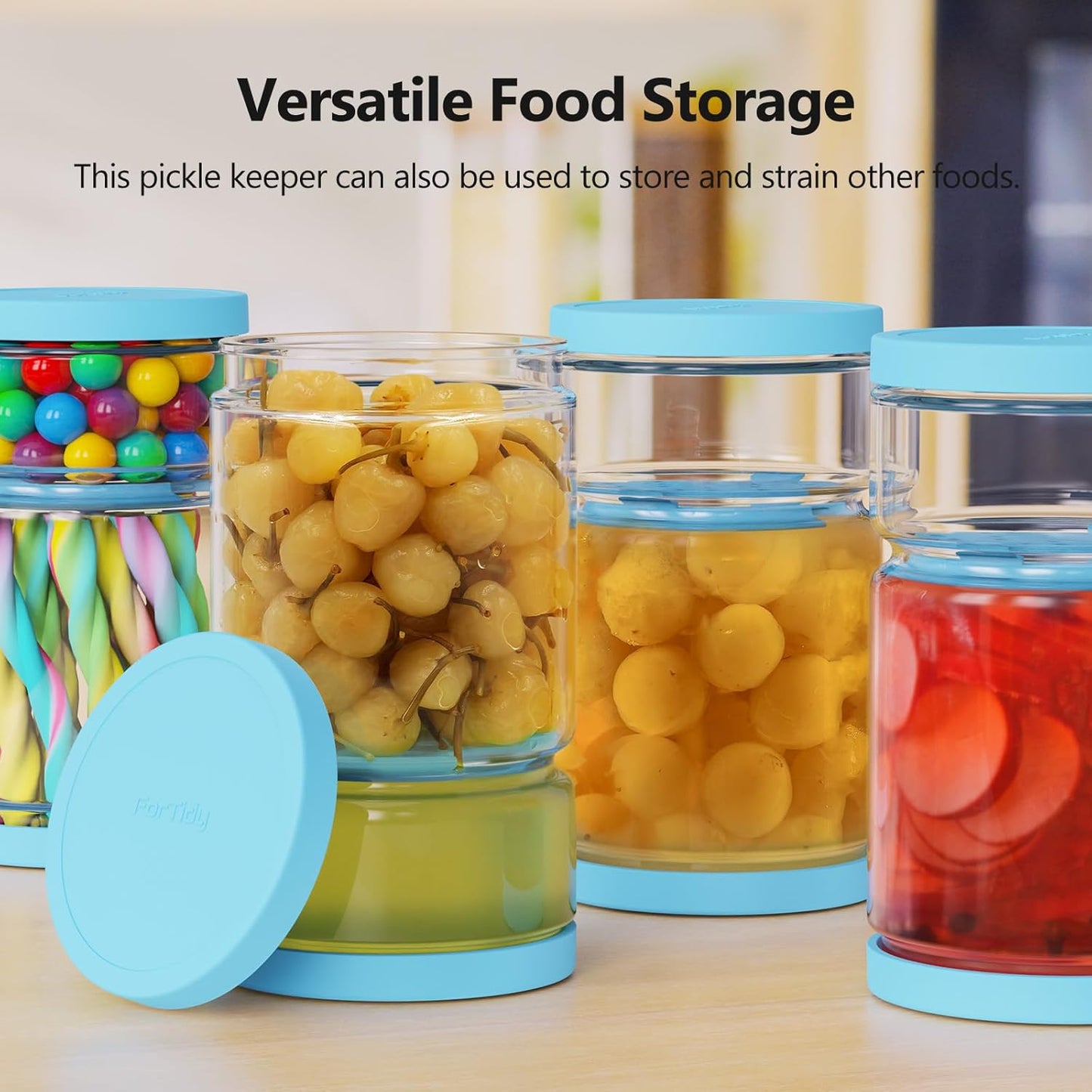 Glass Pickle Container with Strainer for Pickle Lover - 45OZ Leakproof Juice Separator Jar for Gherkin, Olive or Chilli, Dishwasher and Refrigerator Safe, BPA Free (Blue, 45 oz*2 pcs)