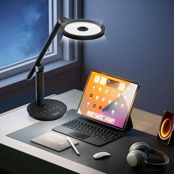 Honeywell Desk Lamp for Home Office, H6 Sunturalux™ Eye-Caring Led Desk Light, 800LM Dimmable Desk Lamp with Timer, Touch Control Tall Desk Reading Light, Table Lamp for Circle Webcam, Study, Bedroom