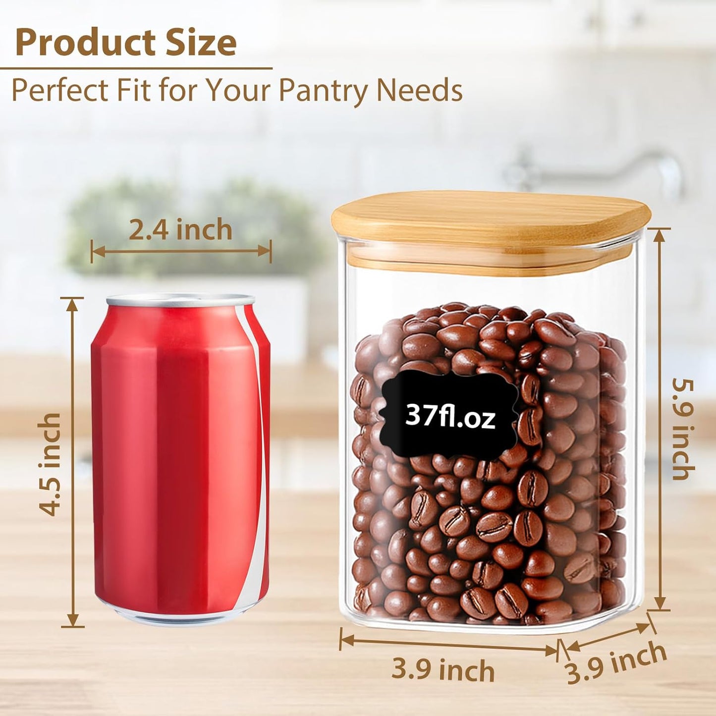 37oz Square Glass Storage Containers with Bamboo Lids – 4 Pack Clear Food Airtight Glass Jars for Pantry Organizers and Storage, Kitchen Dry Food, Coffee, Sugar, Flour, Snacks, Spices