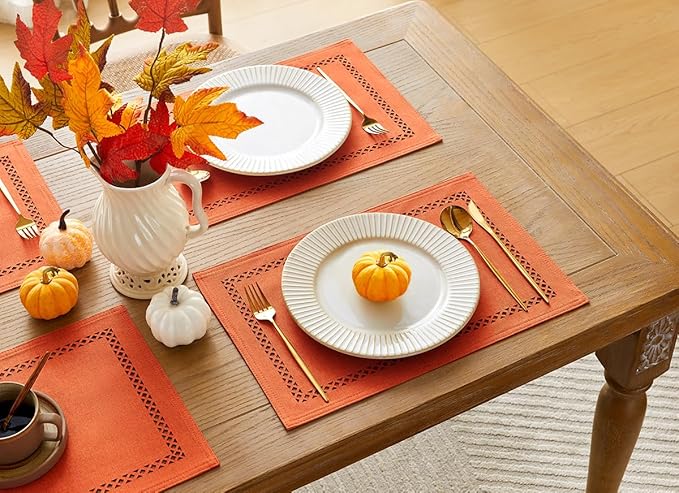 Fall Placemats Set of 4, 12 x 18 Inch Rustic Geometric Hollow Place Mats, Orange Heat Resistant Placemats for Autumn Thanksgiving Farmhouse Table Decor, Orange 4PCS