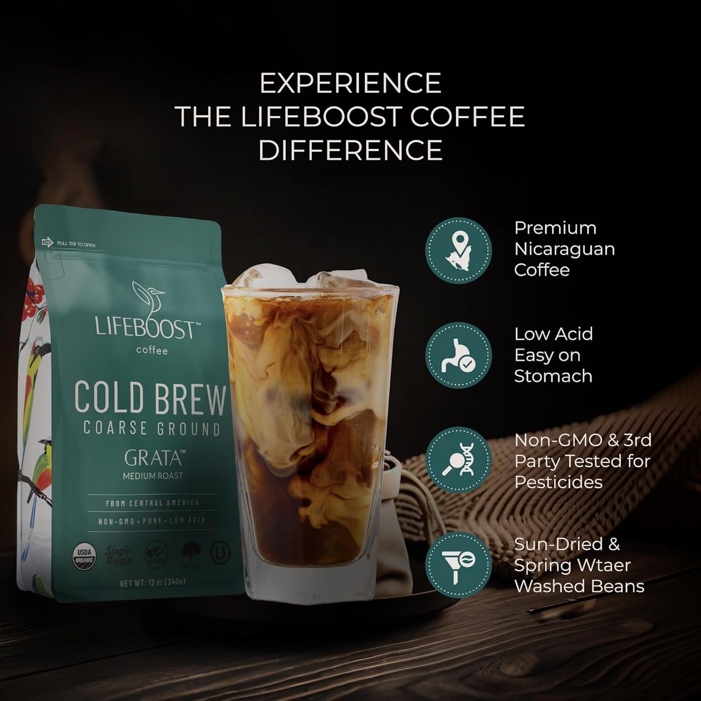 Lifeboost Low Acid Cold Brew Coffee – Organic Coarse Ground Medium Roast for Cold Brew – Single Origin, Non-GMO, 3rd Party Tested for Mycotoxins & Pesticides, USDA Organic – Smooth & Bold Flavor – 12 oz Bag