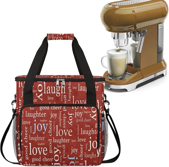 cfpolar Love Joy Laugh Letter Red Coffee Maker Carrying Bag, Portable Single Serve Coffee Brewer Case with Pockets for K-Cup Pods