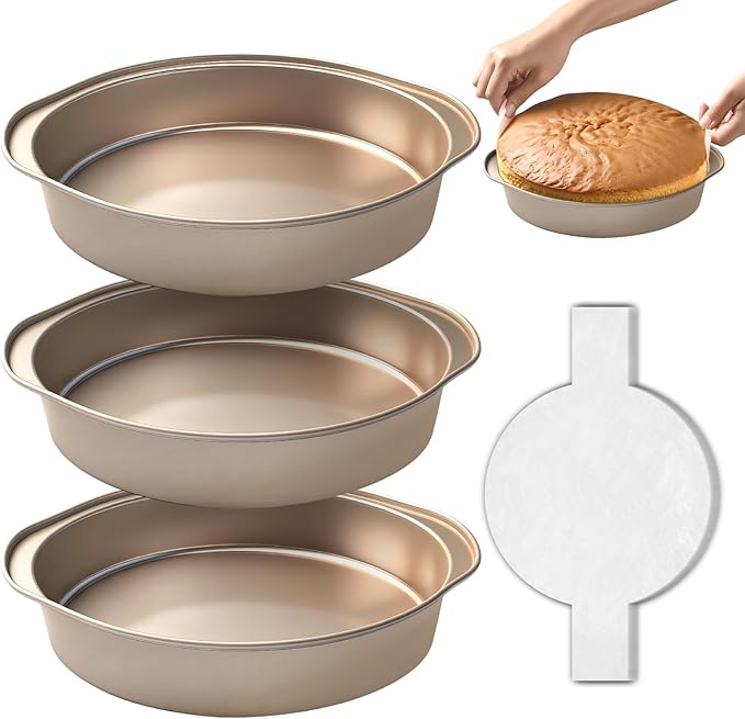 8-Inch Cake Pan Set of 3, Nonstick Round Baking Pans with 50PCS Parchment Papers, Durable Birthday Circle Pan with Handle for Multi-Layer Cakes, Dishwasher Safe