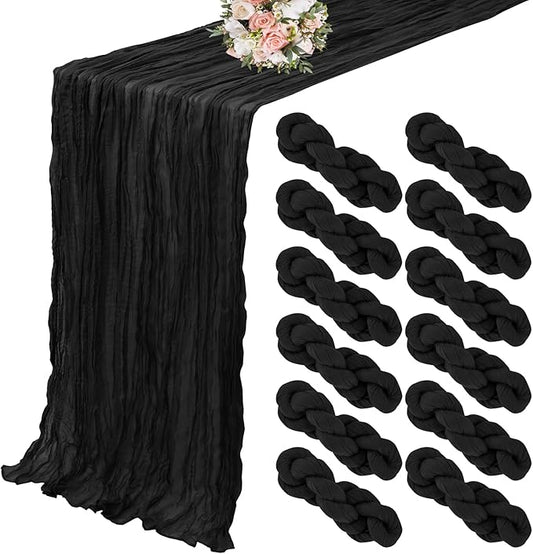 12 Pack Cheesecloth Table Runner 20 x 120 inch Cheese Cloth Table Runner Bulk,Romantic Boho Sheer Gauze Fabric Table Runners for Wedding Reception,Party,Bridal Shower Table Decor(Black)