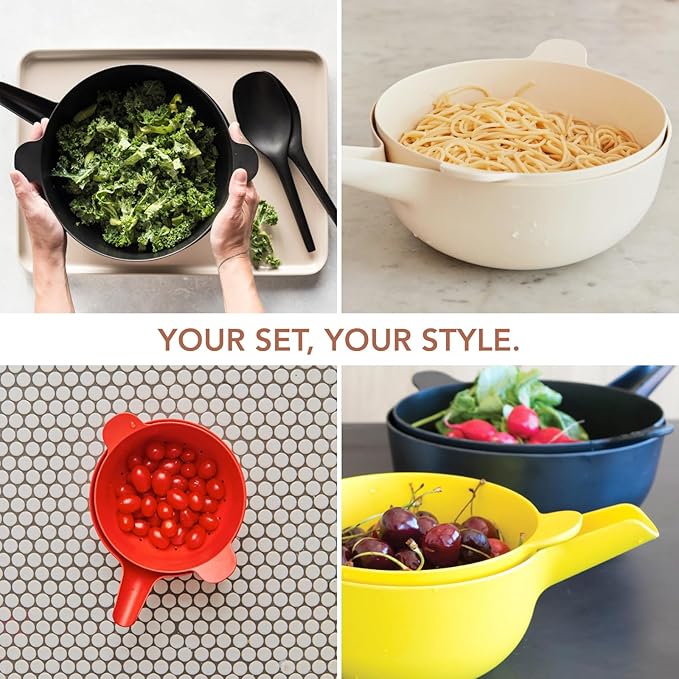 EKOBO Large Mixing Bowl and Colander Set Tomato – 135 oz BPA-Free Eco-Composite – Nesting Kitchen Mixing Bowls for Washing Mixing Serving – Dishwasher Safe Essential Bowl Set