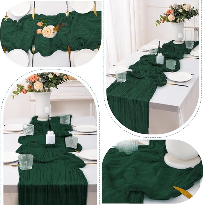 12 Pack Emerald Green Table Runners 10FT Cheesecloth Table Runner 21x120 inch Boho Gauze Cheese Cloth Table Runner Rustic Sheer Table Runners for Party Wedding Bridal Baby Shower Christmas Table Decor
