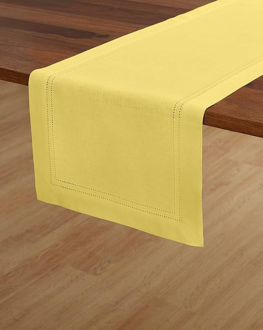 Solino Home Linen Sunshine Yellow Table Runner 108 Inches Long - 100% Pure Linen 14 x 108 Inch Table Runner - Double Hemstitch