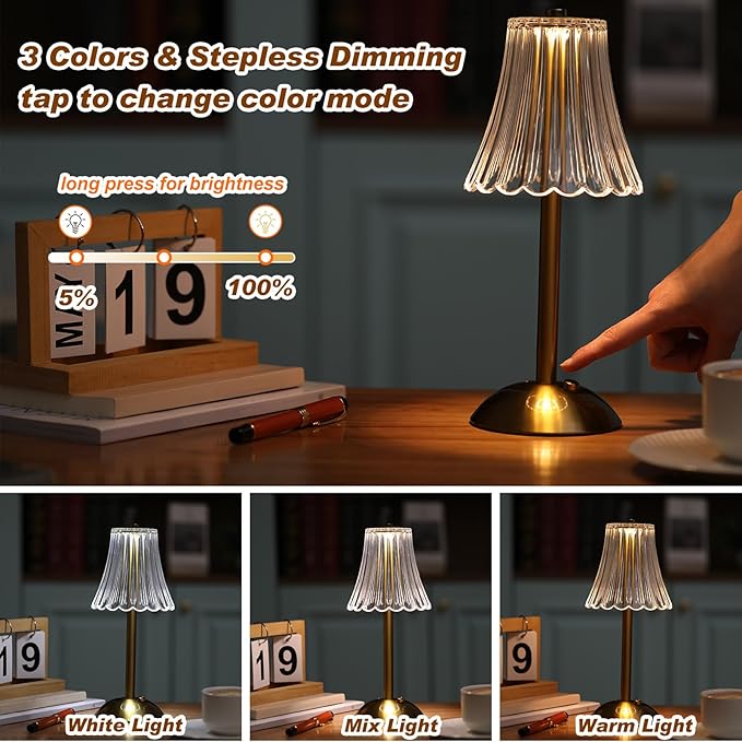 Liliful 1 Pcs Cordless Table Lamp Rechargeable Touch LED Small Gold Portable Battery Operated USB-c Desk Lamp 3 Color Dimmable for Bedroom Living Room Dining (Gold,Rose Style)