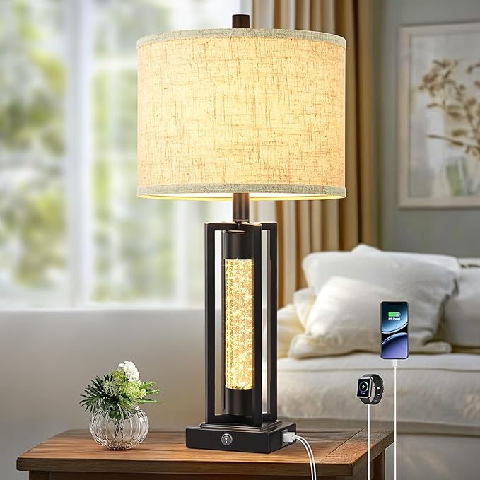 TOBUSA 26’’ Farmhouse Table Lamp for Living Room, Vintage Crystal Nightstand Lamp with 2 USB Ports, Rustic Bedside Lamp with Fabric Shade, Modern Black Desk Lamp with Crystal Night Light for Bathroom