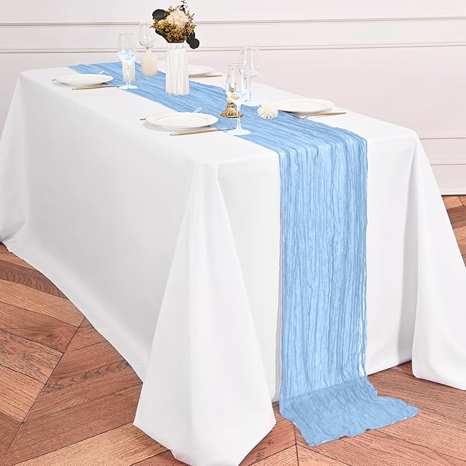 24 Pack Light Blue Table Runner 10Ft Cheesecloth Table Runner Rustic Gauze Table Runners Romantic Long Sheer Fabric Cheese Cloth Table Runners for Wedding Party Bridal Baby Shower