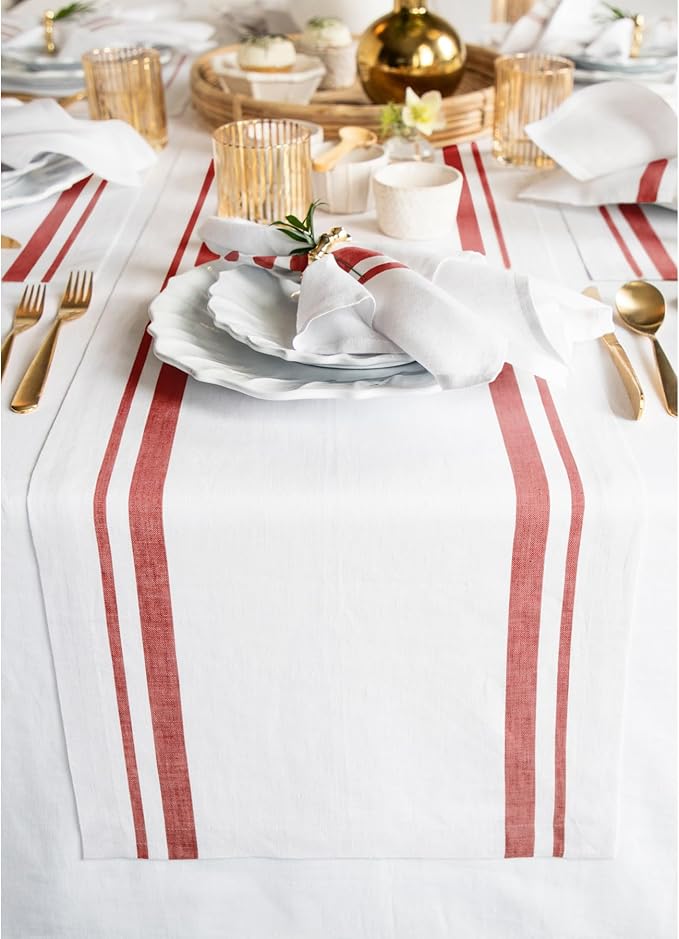 Solino Home Linen Table Runner 48 Inches - French Stripe, 100% Pure Linen Red and White Farmhouse Table Runner 14 x 48 Inch Ideal for Dresser and Coffee Tables - Christmas, New Year