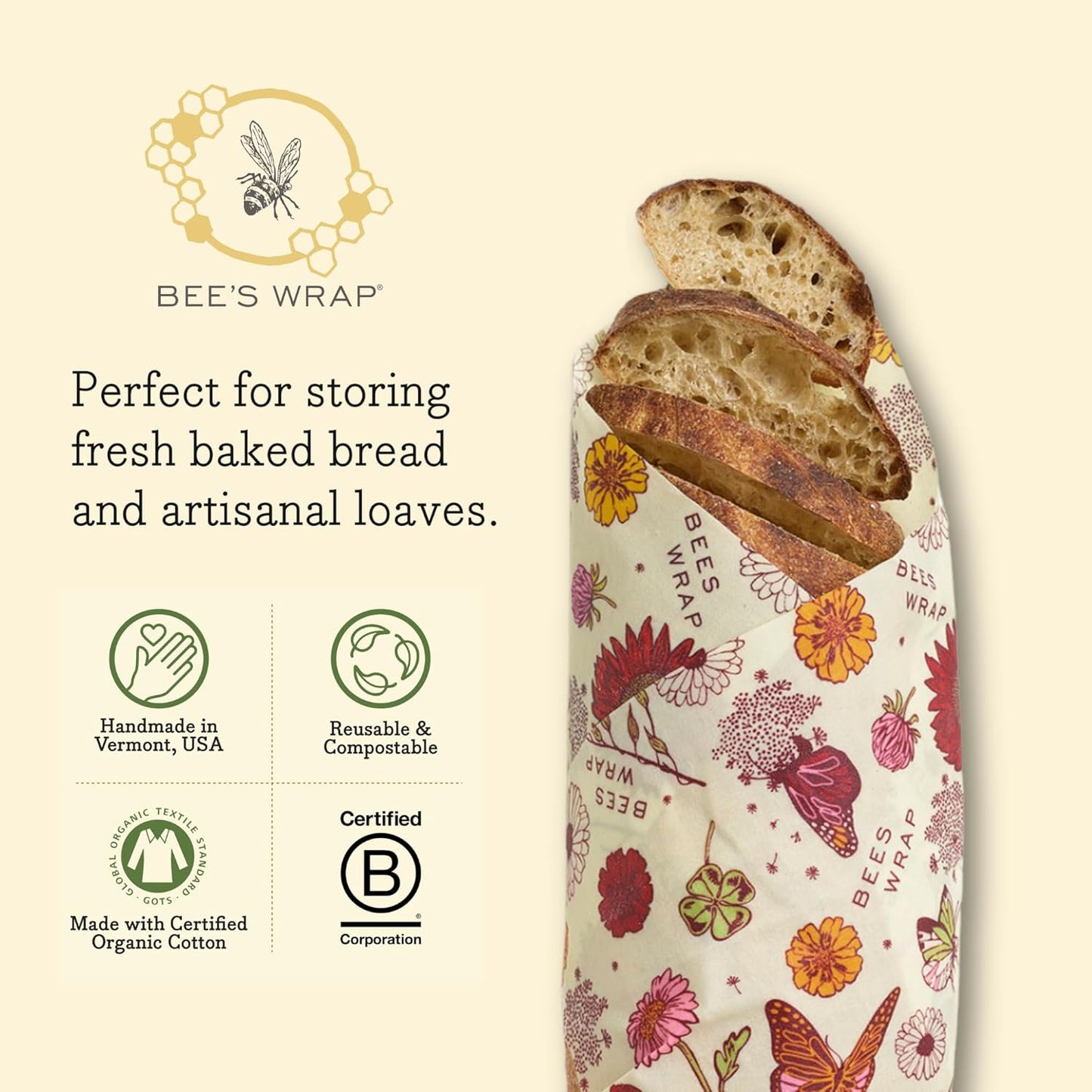 Bee's Wrap Vegan Beeswax Wraps for Food - Vegan Meadow Magic Bread Wrap - Made in USA Reusable Bread Storage Bags - Organic & Eco-Friendly Alternative to Aluminum Foil, Sourdough Bags & Plastic Wrap