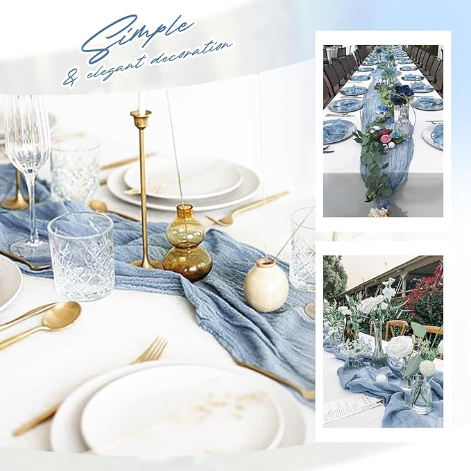Aktor 12 Pack Dusty Blue Cheesecloth Table Runner 10Ft Gauze Table Runner Boho Semi Sheer Cheese Cloth Fabric Runners for Wedding Birthday Baby Shower Party Table Decoration（Dusty Blue）
