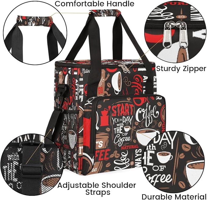 Red Start Day With Coffee Coffees Maker Carrying Bag Coffee Machine Travel Storage Tote Bag Compatible with K-Mini or K-Mini Plus, Portable Single Serve Coffees Brewer Case with Pockets for K-Cup Pods