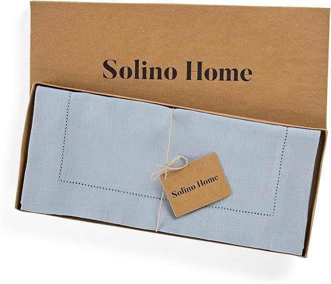 Solino Home Linen Dusty Blue Table Runner 60 Inches - Classic Hemstitch, 100% Pure Linen Coffee Table Runner 14 x 60 Inch Ideal for Dresser Tables