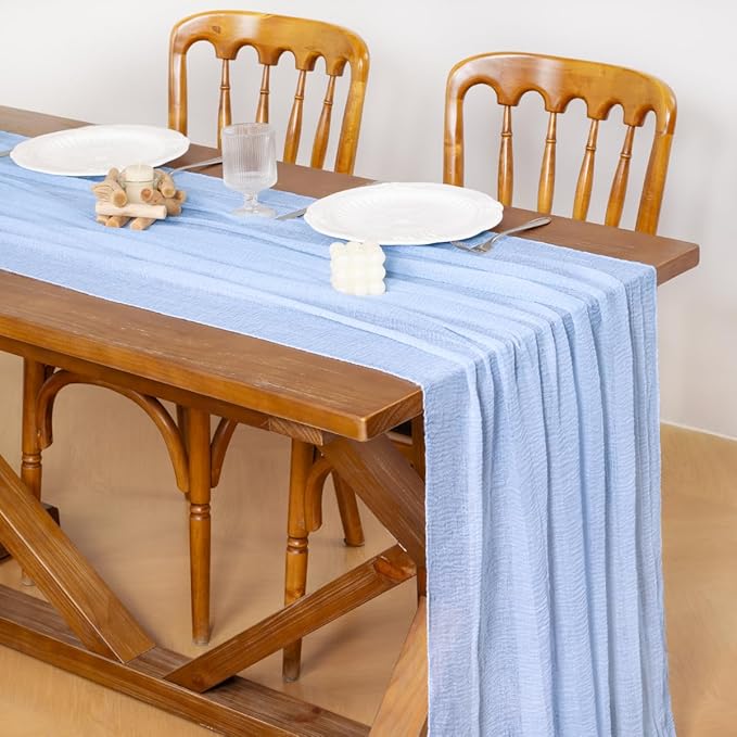 Socomi 3pcs Blue Fall Thanksgiving Gauze Cheesecloth Table Runner 120 Inch Rustic Boho Cheese Cloth Runner for Wedding Party Baby Bridal Shower Centerpiece Decoration Holiday Home Decorations