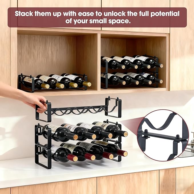 Stackable Wine Rack Countertop, 12 Bottles Wine Bottle Holder for Inside Cabinet, Small Tabletop Wine Holder Stand for Pantry Bar, 3-Tier Angle Adjustable Wine Bottle Rack for Tight Spaces