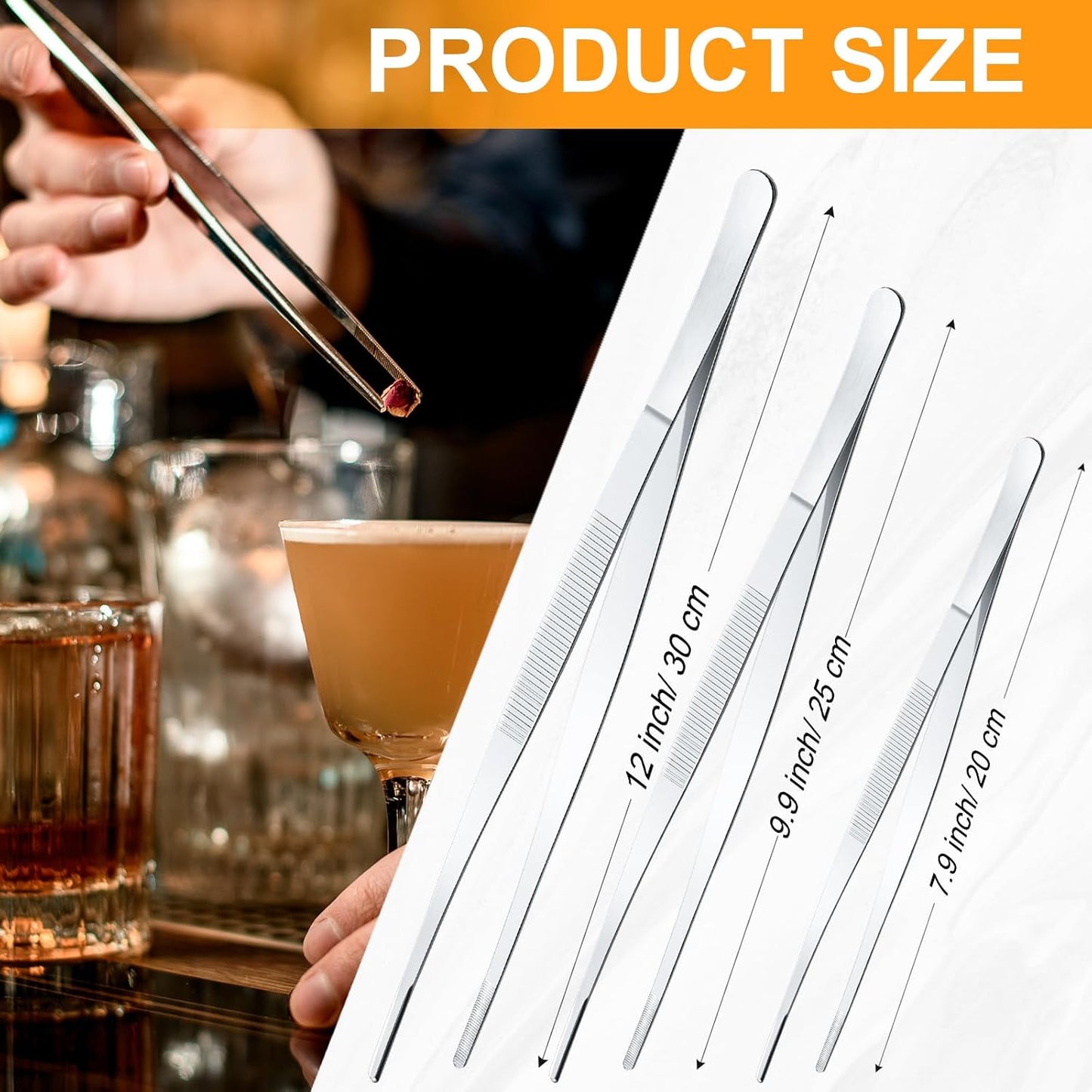 Yaomiao 4 Packs Bar Tweezers 8 Inch Long Garnish Tongs Stainless Steel Korean Bar Tongs for Bartender Cocktail Cooking Food