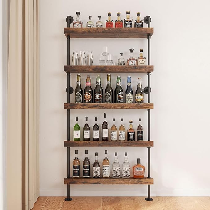 5-Tier Wall Mounted Wine Rack, Industrial Pipe Bar Shelf for Wine Bottle Storage, Industrial Pipe Shelves Shelf Shelving for Home Bar Dining Room Kitchen (31.5" W x 79" H x 8.6" D)