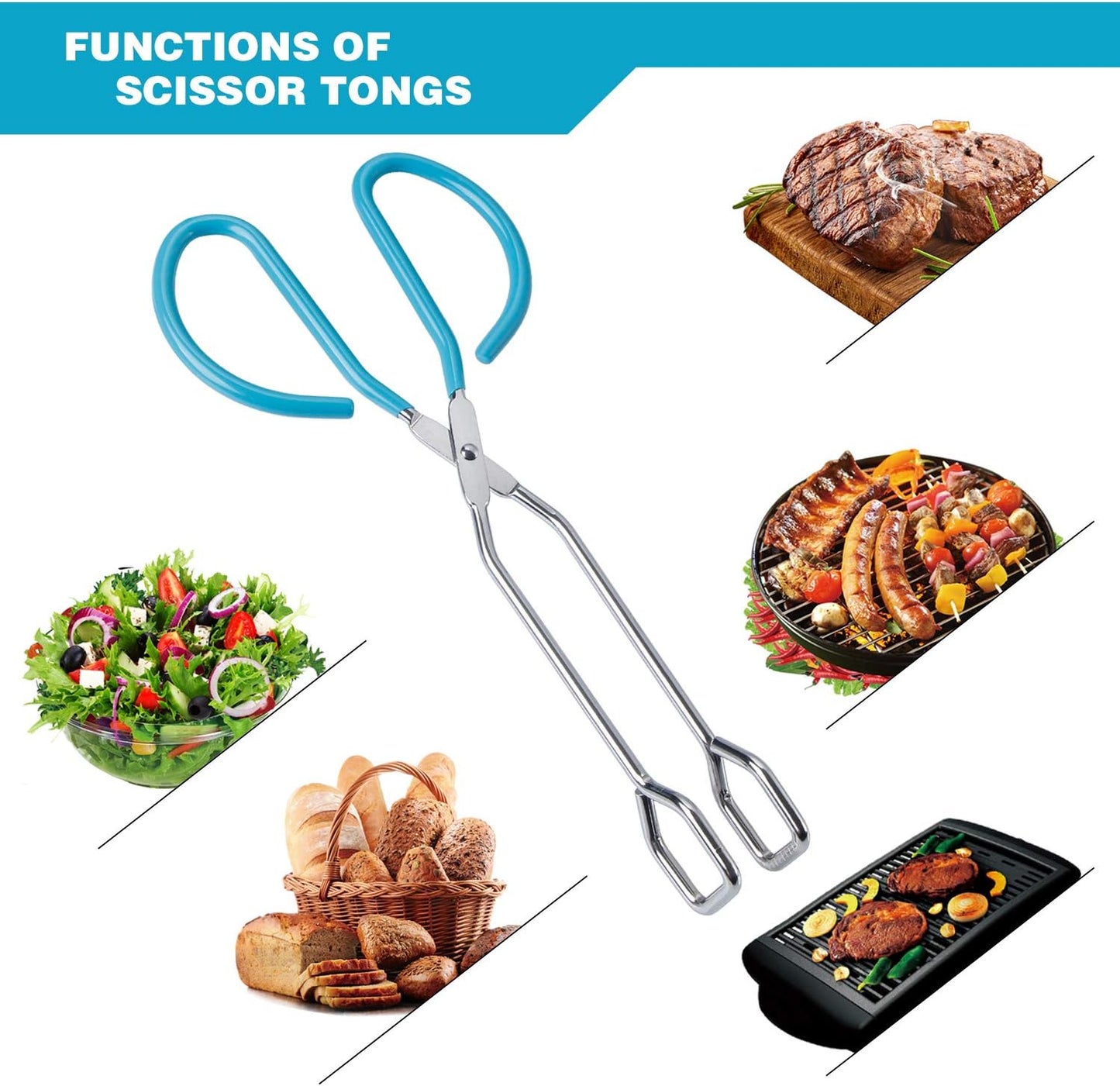 10-Inch Stainless Steel Scissor Tongs, MSY BIGSUNNY Kitchen Food Tongs with Non-slip, Comfort-Grip Handle, Heavy Duty Cooking Tongs - 2 Pack, (Blue)