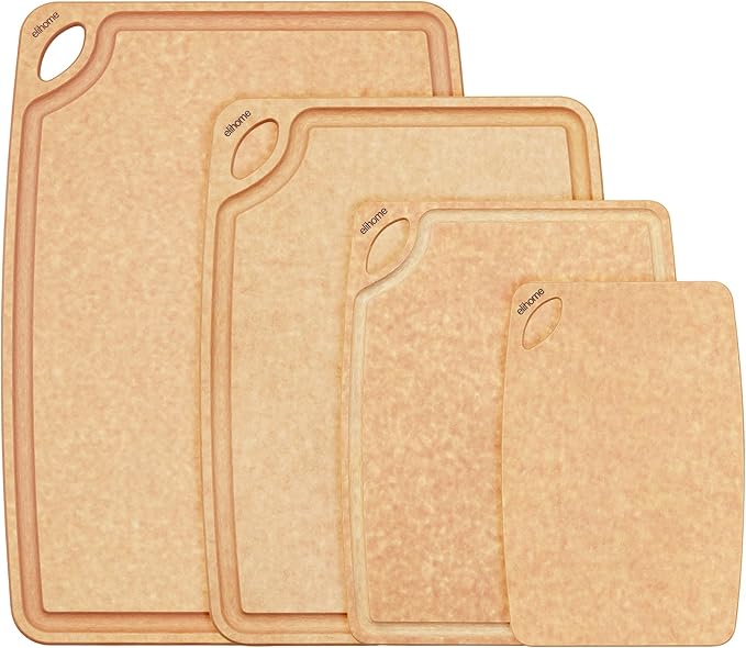 Elihome Classic Series 4-in-1 Cutting Board Set for Kitchen, Natural Wood Fiber Composite, Dishwasher Safe, Eco-Friendly, Juice Grooves with Easy Grip Handles,Non Porous, BPA Free, Made in USA
