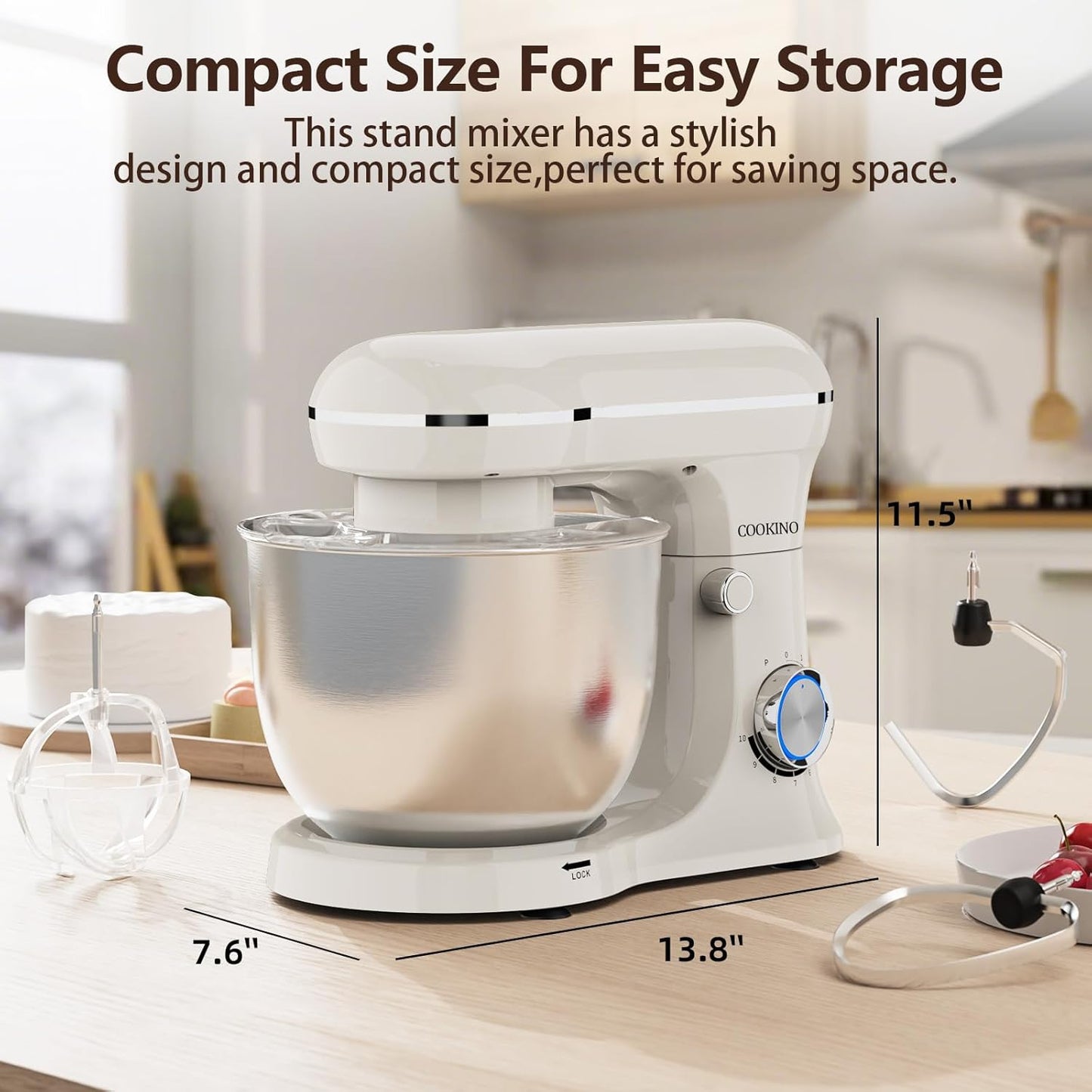 Electric Stand Mixer,10 Speeds Tilt-Head Food Mixer, 3-IN-1 Kitchen Mixer for Daily Cooks with 6.5 QT Bowl,Dough Hook, Beater, Whisk (Almond Cream)