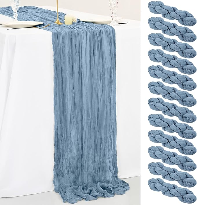 12 Pack 10Ft Dusty Blue Cheesecloth Table Runner 35 x 120 inch Boho Gauze Cheese Cloth Table Runner Vintage Rustic Sheer Runners for Wedding Bridal Shower Birthday Party Cake Table Decorations