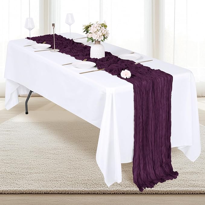12 Pack Dark Purple Cheesecloth Table Runner 17x108 Inch Semi Sheer Boho Gauze Cheese Cloth Fabric Table Runners, for Wedding Party Baby Shower Birthday Home Decor Garden Farmhouse