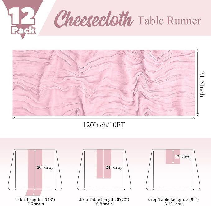 12 Pack Pink Table Runner 10Ft Cheesecloth Table Runner Rustic Gauze Table Runners Romantic Long Sheer Fabric Cheese Cloth Table Runners for Wedding Party Bridal Baby Shower