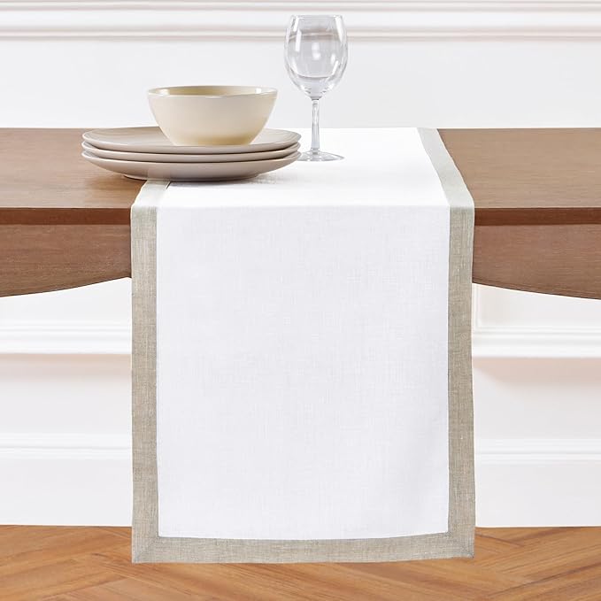Solino Home Linen Table Runner 72 Inches Long - 100% Pure Linen Light Natural and White Dining Table Runner 14 x 72 Inch - Classic